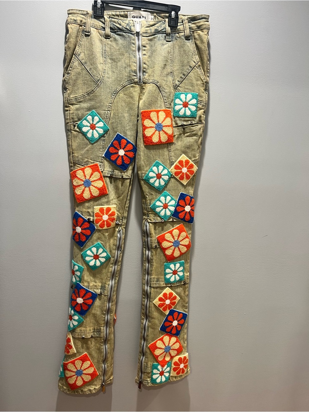 GUAPI Vintage Flowers Denim Stacked Jeans Men’s Size 34 Khaki Patchwork Flared - Picture 15 of 16